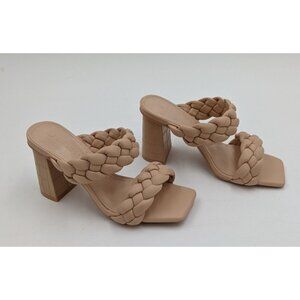 Syktkmx Womens Braided Heels Sandals Beige Nude Backless Square Open Toe Slide 6